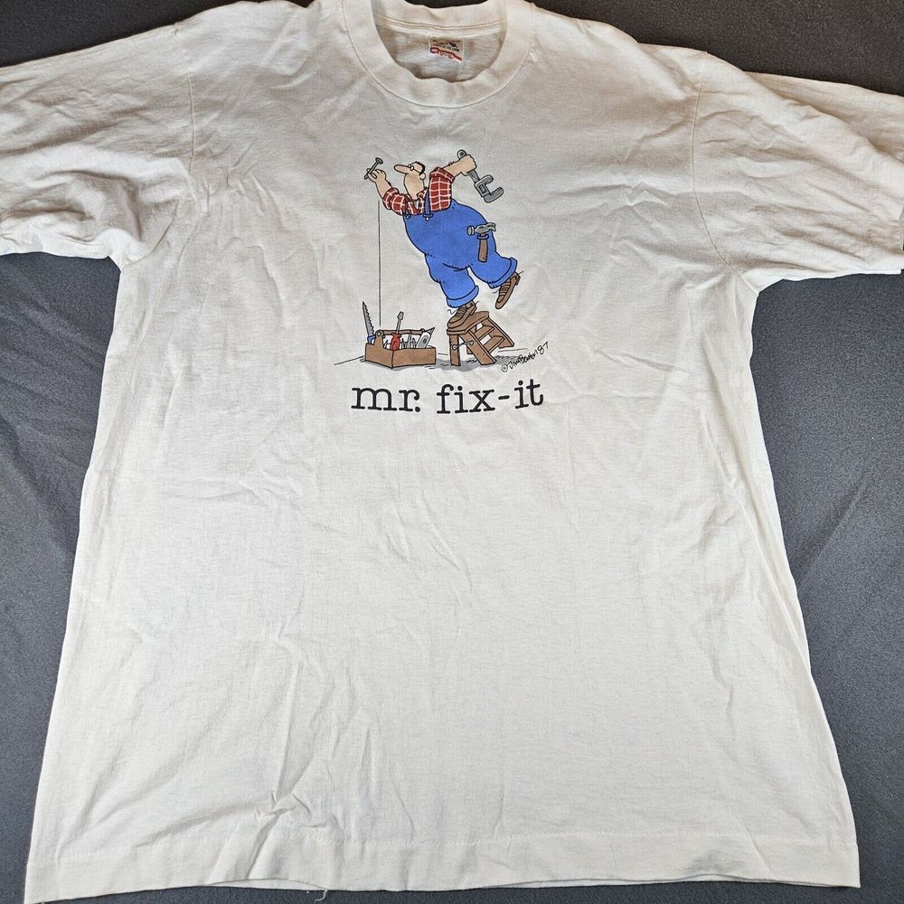 Vintage Single Stitch Jim Benton Mens White Mr Fix It Print T Shirt Size XL‎